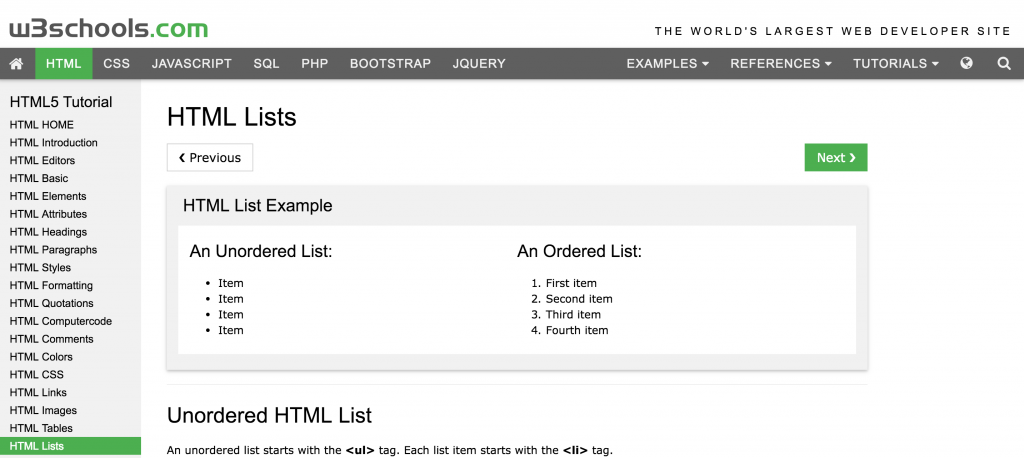 Parsing HTML response - a screenshot of w3schools list page